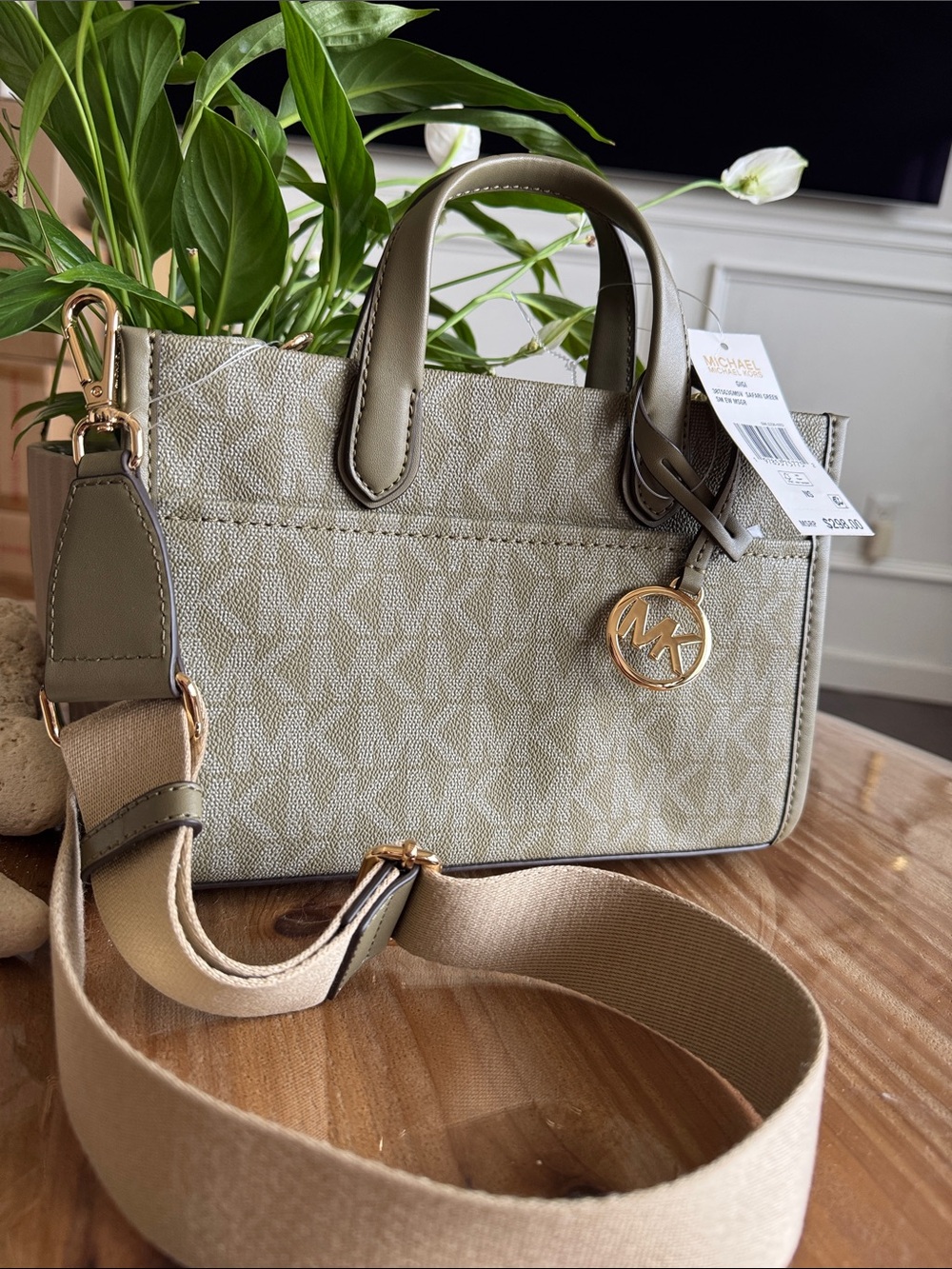 Michael Kors khaki logo-print mini satchel with gold charm